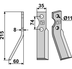 Lame gauche 215 x 35 x 74 mm pour Fraise/Rotavator SIMON adaptable - 