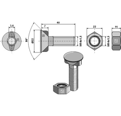 Pflugschraube M14x1,5x40 mit Sechskantmutter - 03050405 | Naud - Nachbau