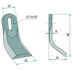 Couteau Y pour broyeur 96 x 8 mm KUHN A5411234 adaptable 