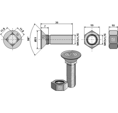Boulon TFCC M12 x 30 mm pour charrue KVERNELAND adaptable
