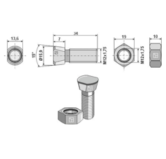 Boulon de charrue M12x1,75x34 avec écrou hexagonal 12.9 - BlackSteel©