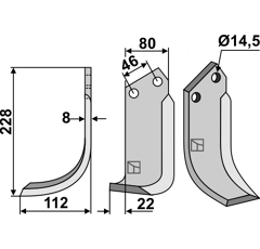 Lame gauche228x80mm pour Fraise/Rotavator DONDI adaptable