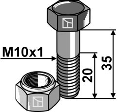 Boulon à tête hexagonale M10x1x35 avec écrou à freinage interne adaptable - Blacksteel©