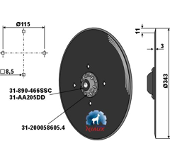 Disque lisse complet Ø343x3 mm pour semoir KVERNELAND A150011900 adaptable - Blacksteel©