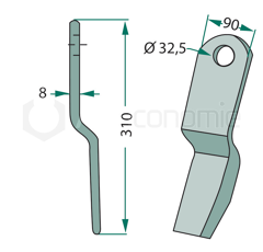 Fléau pour broyeur 310 x 90 mm HOWARD 644680 adaptable