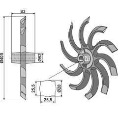 Rueda de escarda izquierda Ø 405 mm HOWARD 200001403 adaptable