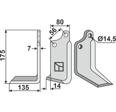 Lame gauche 175 x 80 x 7 mm pour Fraise/Rotavator MASCHIO/GASPARDO 02108431 adaptable - Blacksteel©