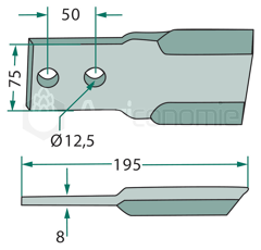 Fléau droit 195 x 75 x 8 mm pour broyeur PERFECT adaptable