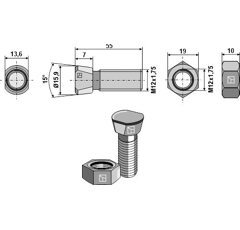 Boulon M12 x 55 mm pour cultivateur QUIVOGNE adaptable