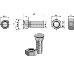 Boulon de charrue M16x2 mm