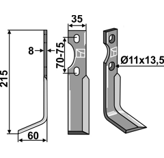 Lame gauche 215 x 35 x 70-75 mm pour Fraise/Rotavator SIMON adaptable -