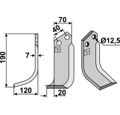 Lame gauche190x70mm pour Fraise/Rotavator DONDI adaptable - 