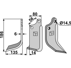 Lame gauche 186 x 80 x 6 mm pour Fraise/Rotavator MASCHIO/GASPARDO 02108433 adaptable - Blacksteel©