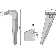 Diente derecho 340 mm para grada rotativa KVERNELAND kvmae 07014 adaptable