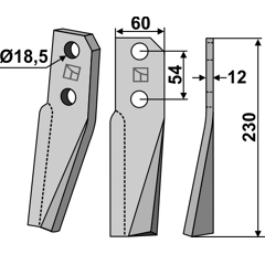 Hoja derecha 230 x 60 x 12 mm para rotavator KUHN 52260000 adaptable