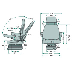 Siège de tracteur complet avec housse noire 750 x 600 mm adaptable