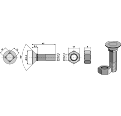 Pflugschraube M10x1.5x45 und Sechskantmutter 3015769N Lemken Nachbau