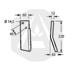 Lame gauche 60 x 220 x 12 mm pour fraise-rotavator adaptable