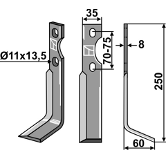 Lame droite 250 x 35 x 70-75 mm pour Fraise/Rotavator SIMON adaptable 