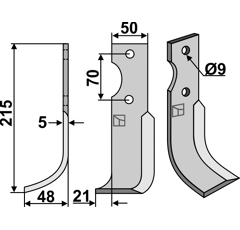 Lame gauche 215 x 50 mm pour Fraise/Rotavator AGRIA 21098 adaptable 