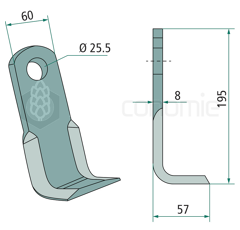 Couteau équerre pour broyeur 195x60mm AGRICOM adaptable 