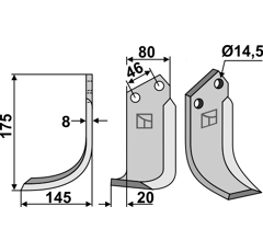 Lame gauche175x80mm pour Fraise/Rotavator SOVEMA adaptable - Blacksteel©