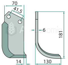 Fräsmesser rechts 181 x 70 x 130 x 6 mm KUHN K1620010 - Nachbau