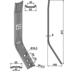 Plaque d'usure 475 mm pour cultivateur KVERNELAND A133635994 adaptable