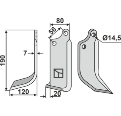 Lame gauche190x80mm pour Fraise/Rotavator ORTOLAN adaptable - Blacksteel©