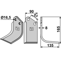Hoja derecha 165 x 90 x 135 x 8 mm para fresadora KUHN 52324810 adaptable