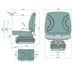 Siège complet en tissu gris à suspension mécanique 680 mm adaptable