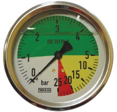 Manomètre en laiton 0 - 5 - 25 bars - 1/4" arrière WIKA