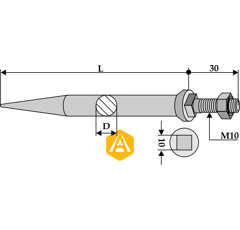 Dent de herse au bore 120 mm collet carré - adaptable - Blacksteel©