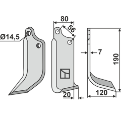 Lame droite 190x80mm pour Fraise/Rotavator ORTOLAN adaptable