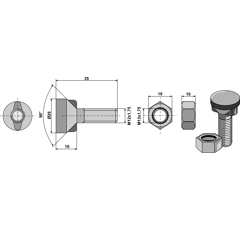 Pflugschraube M12 x 1,75 x 35 mit Sechskantmuttermit erhöhtem Kopf Kverneland Nachbau