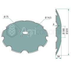 Disque crénelé ∅610x6 pour déchaumeur ∅ 75 adaptable