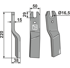 Fräsmesser links 220 x 50 x 38 x 15 mm für Rotavator KUHN K1602780 - Nachbau