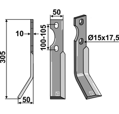 Lame gauche 305 x 50 x 100-105 mm pour Fraise/Rotavator SIMON adaptable 