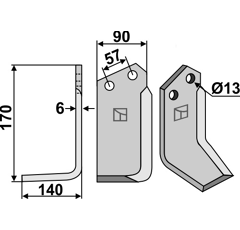 Lame gauche170x90mm pour Fraise/Rotavator HOWARD adaptable