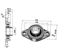 Flanschlager oval UCFL 45 mm – 2-LOCH Nachbau