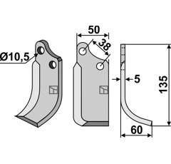 Lame droite 135 x 50 x 10,5 mm pour Fraise/Rotavator AGRIA 06624 adaptable -