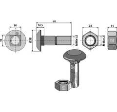 Boulon TBCC M16 x 60 mm pour charrue adaptable
