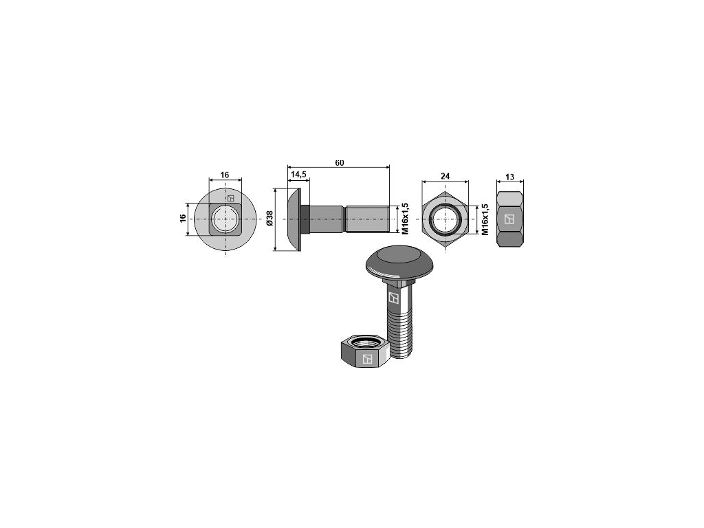 Perno tbcc M16 x 60 mm para arado adaptable