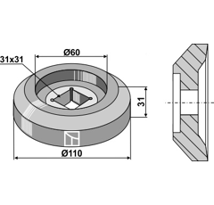 Brida exterior Ø 110 mm para eje cuadrado 30x30 adaptable
