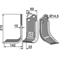 Lame gauche215x80mm pour Fraise/Rotavator MASCHIO/GASPARDO adaptable 