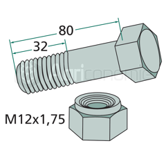 Boulon avec écrou M12 x 80 mm pour broyeur AGROMET adaptable