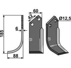 Lame gauche185x60mm pour Fraise/Rotavator PASQUALI adaptable