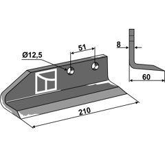 Hoja izquierda 210 x 60 x 8 mm para zanjadora rotativa DONDI adaptable