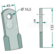 Fléau droit 135 x 45 x 8 mm pour broyeur MASCHIO adaptable