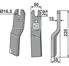 Fräsmesser rechts 220 x 50 x 38 x 15 mm für Rotavator KUHN K1602790 - Nachbau